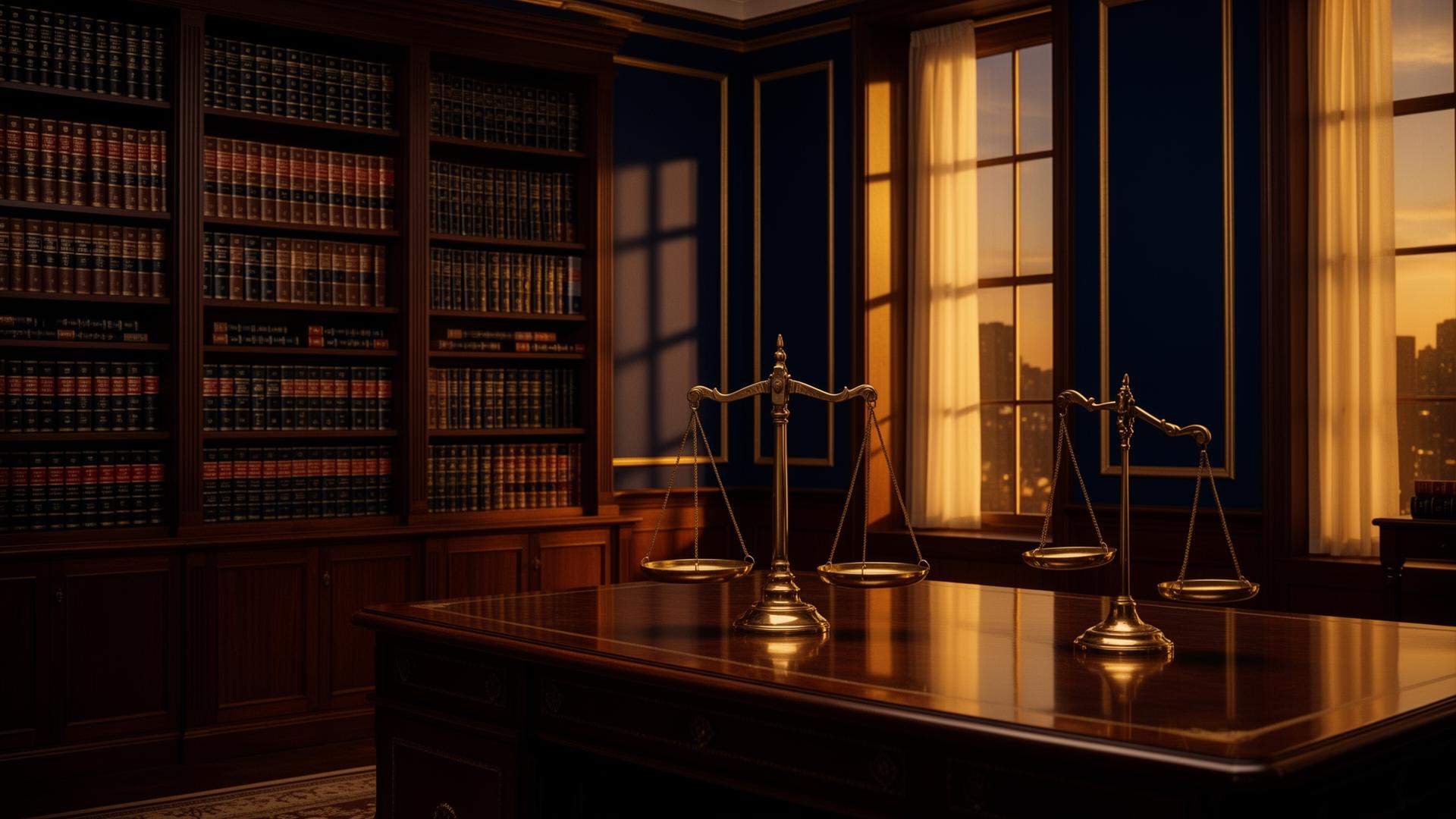 Biblioteca jurídica elegante com balança da justiça